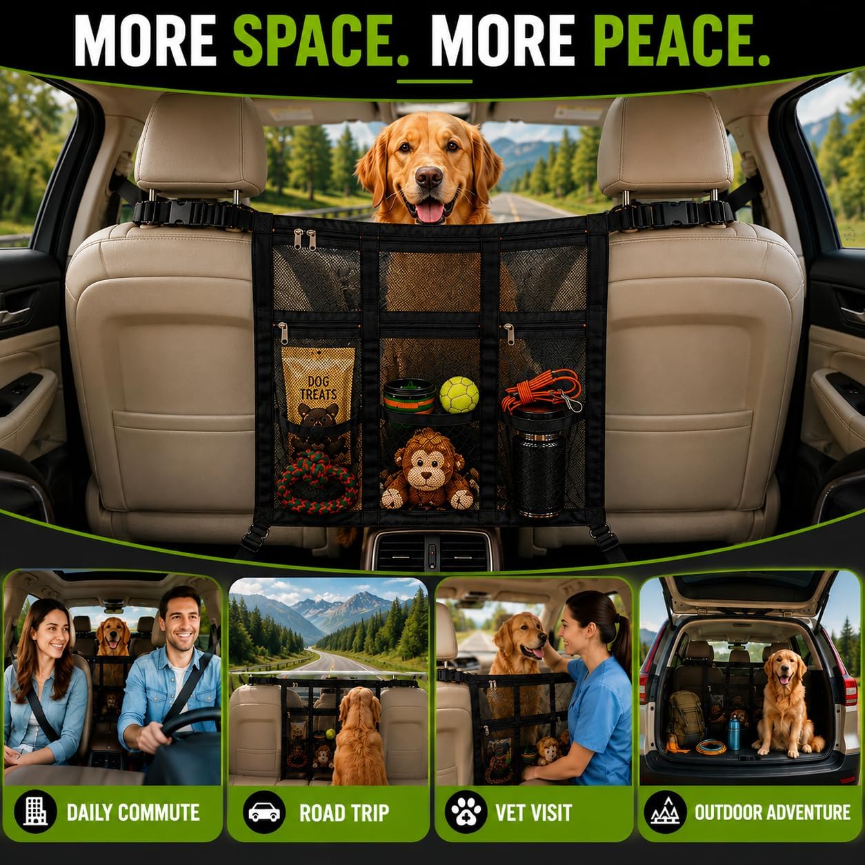 Dog Car Barrier 2026 Upgrade, Double Layer Mesh Dog Net for Car Divider with Storage Organizer, Universal Fit for SUVs, Sedans & Trucks, Easy to Install & Breathable Vehicle Travel Fence