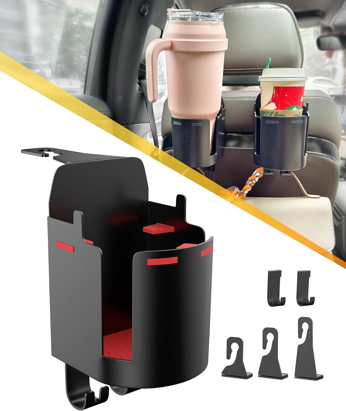 Headrest Cup Holder for Back Seat, Stable Spill-Resistant Drink Holder with Hooks for Bags, Fits 50oz Bottles, Compatible with Sedans, SUVs, and Trucks 2 Pack