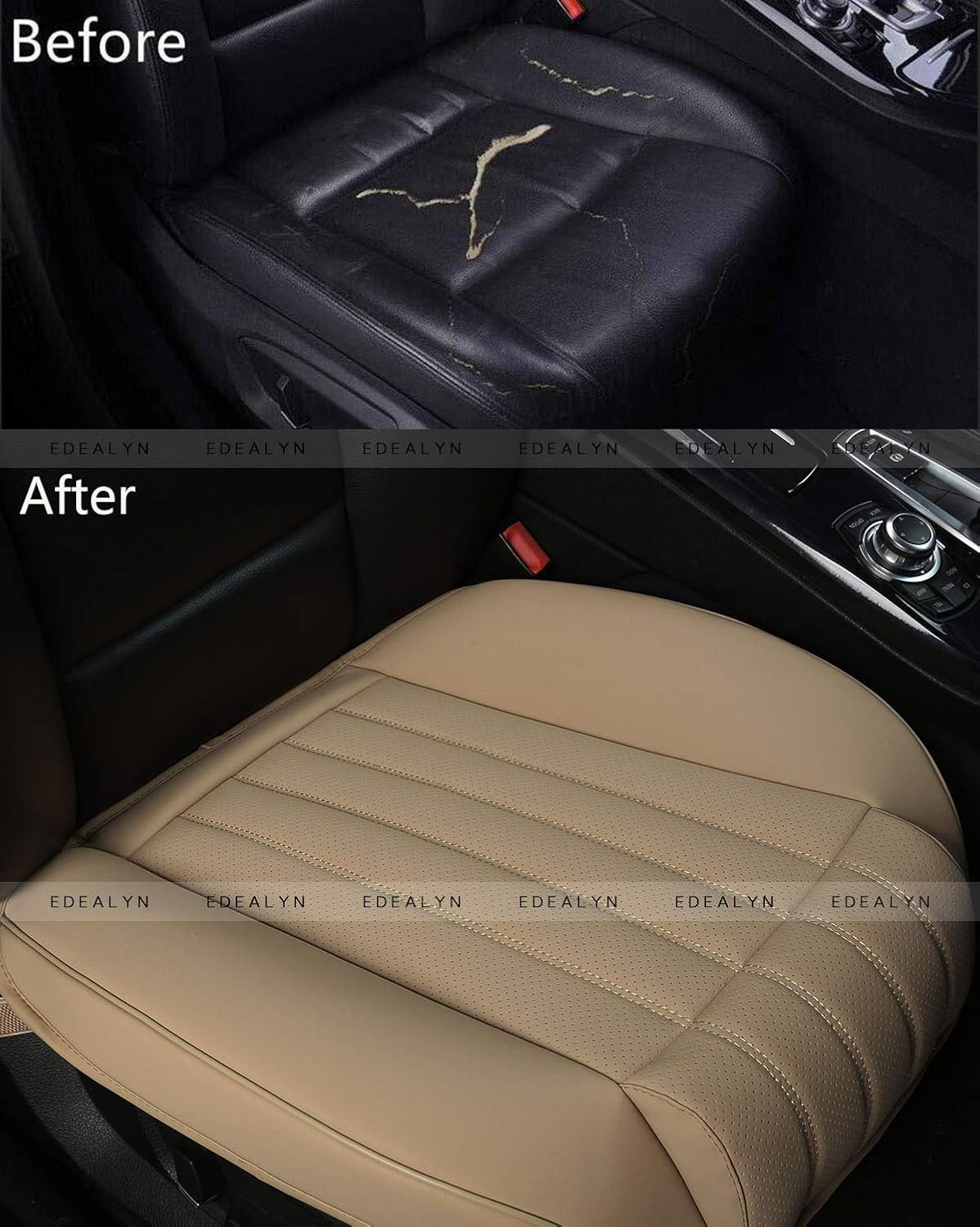 (1 PCS PU Leather Car Seat Cover Auto Bottom Seat Protector Cover with Comfort Leg Support Pillow Fit Most Front Driver Seat Width20.86 by deep 20.86 inches (Beige with Leg Rest)