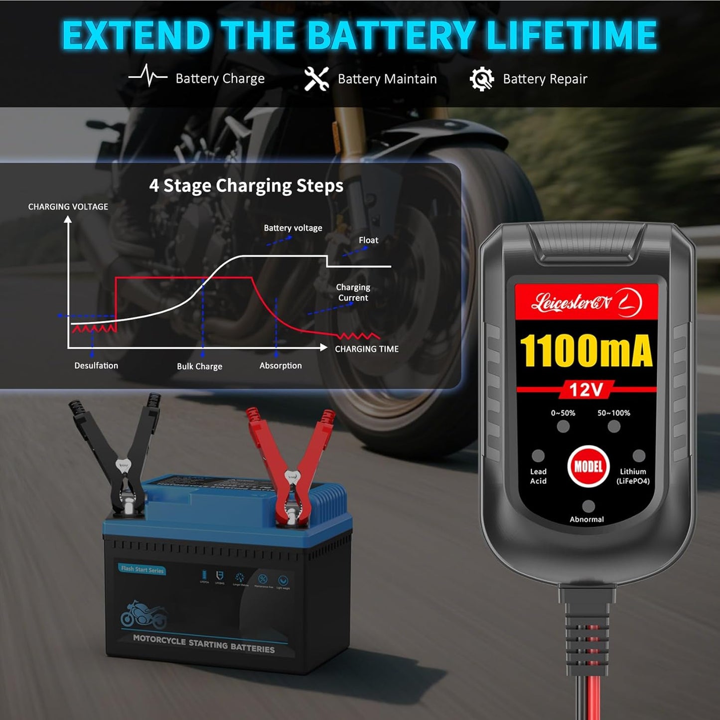 2 Pack Motorcycle Battery Charger 12V, 1.1Amp Trickle Charger and Maintainer - Smart Automatic Float Charger for Cruiser Sport Bike ATV Scooter Dirt Bike Lawn Mower, LiFePO4 Lead Acid AGM Gel