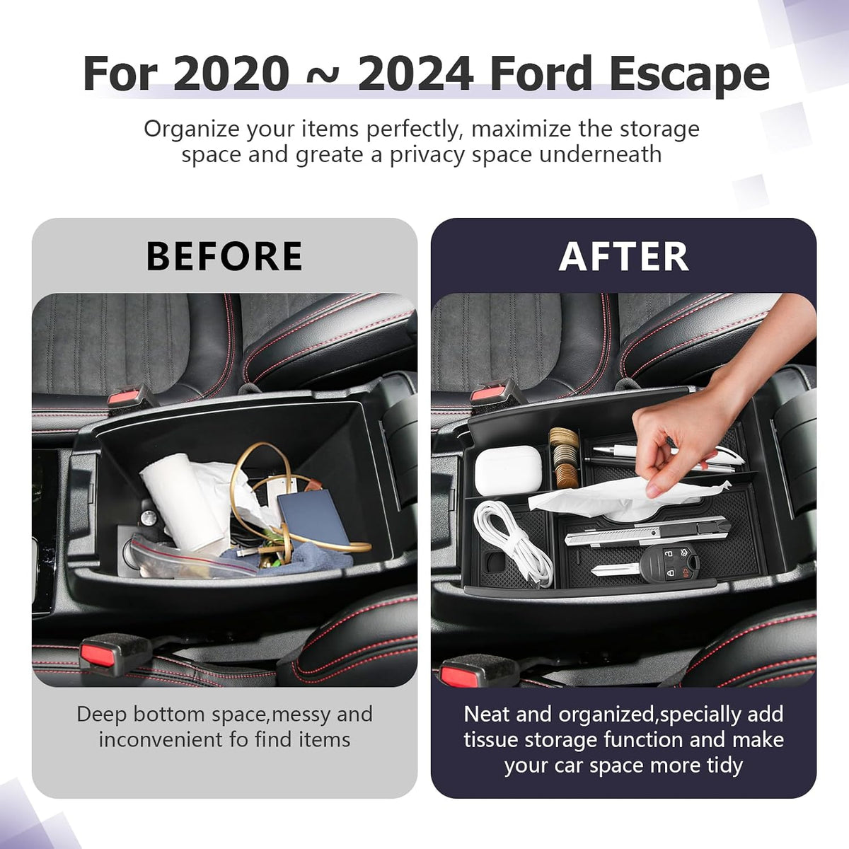 LUWU Ford Center Console Organizer Compatible with Ford Escape (2020-2025), Ford Bronco Sport (2021-2025) Console Organizer Tray Armrest Storage w/Tissue Box 2025 Ford Escape Bronco Sport Accessories