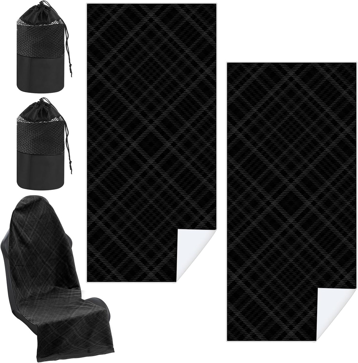 Hahafelt 2 Pack Car Seat Towel Cover with Storage Bag, Black Plaid
