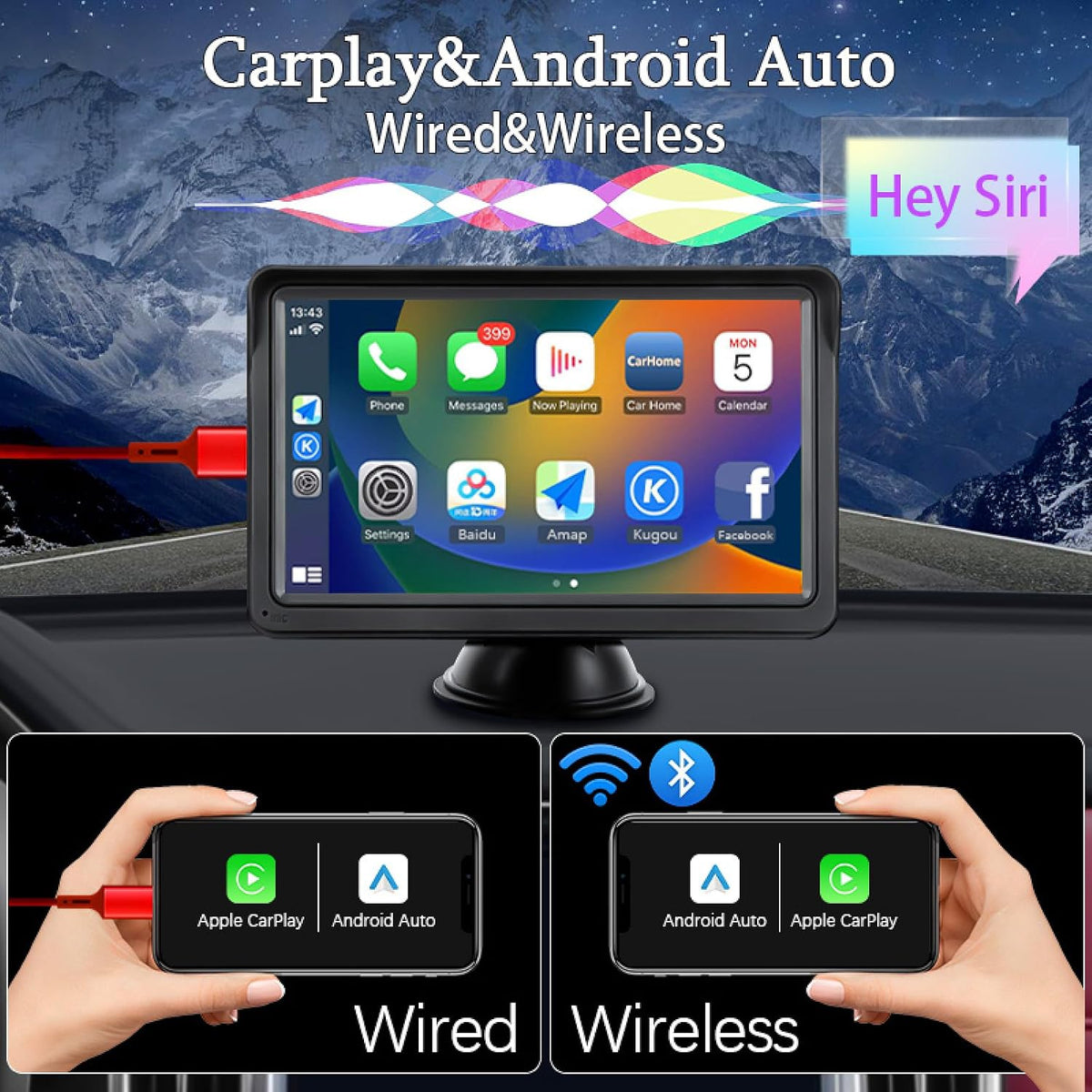 7" Portable Car Stereo Wireless CarPlay & Android Auto Screen for 2024 Latest Car Portable Touchscreen Display with Bluetooth, GPS Navigation, Voice-Control, 360° Rotation
