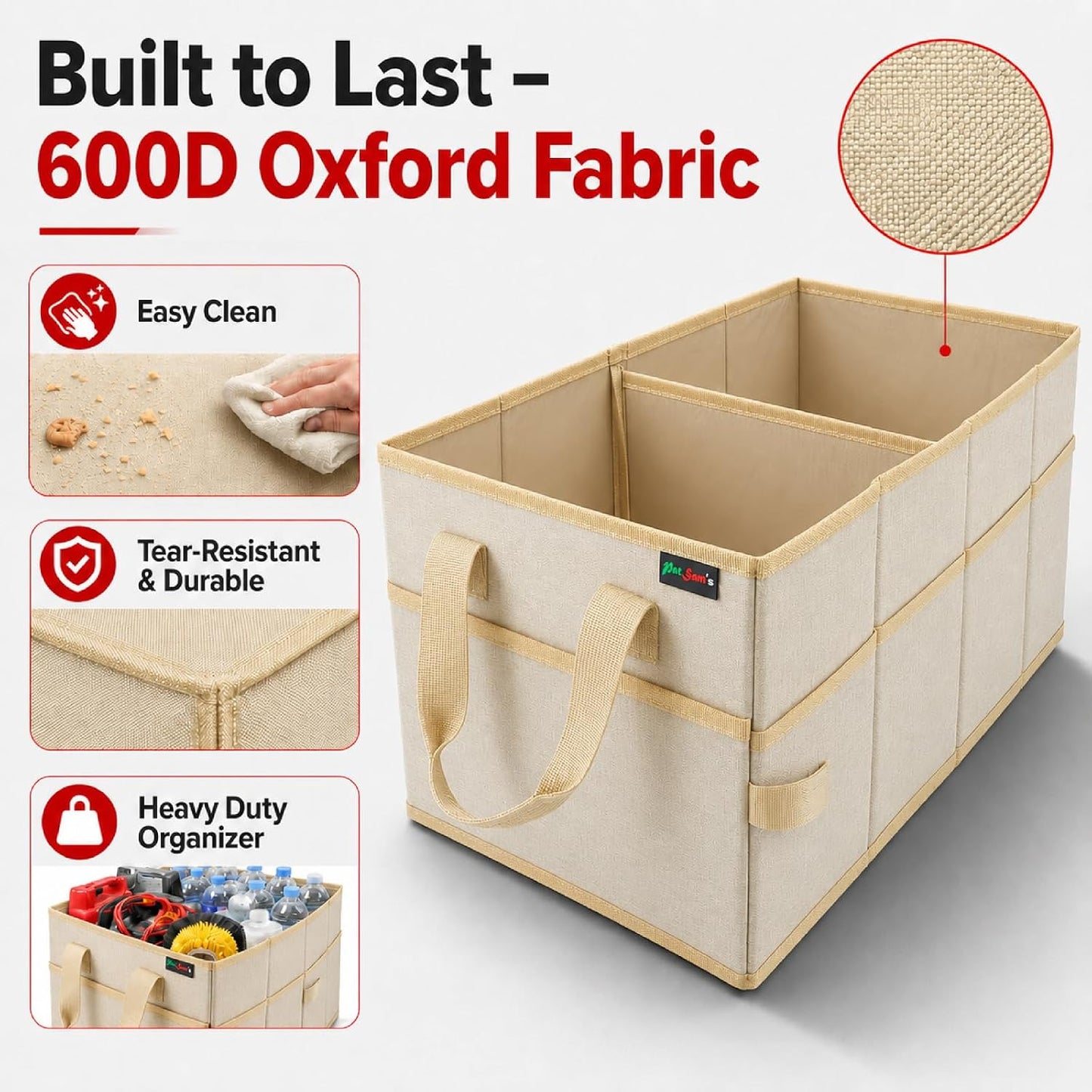PAT SAM'S Car Trunk Organizer for SUV, Foldable Collapsible Storage Organizer with Dividers, Non-Slip Waterproof 600D Oxford, Backseat & Trunk Storage for Groceries, Tools, Toys (Beige)