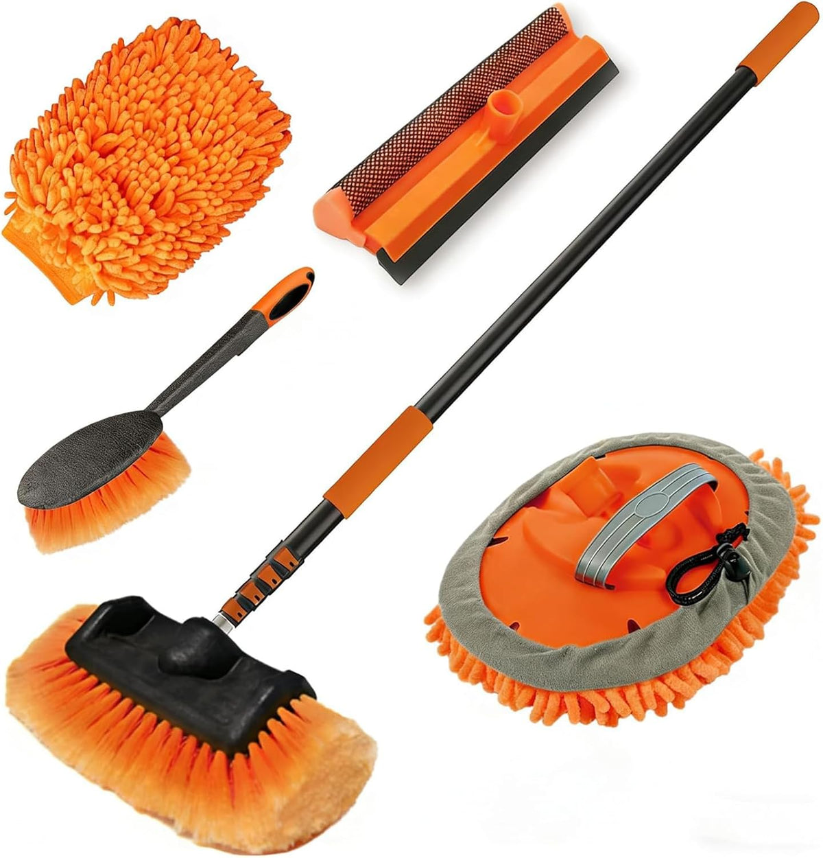 LAANPOLE 12FT Car Wash Brush with Long Handle, Car Cleaning Kit with Soft Bristle Wash Brush, Microfiber Cleaning Mop, Window Squeegee, Mitt, Wheel Brush for RV, Truck, Boat, House Siding
