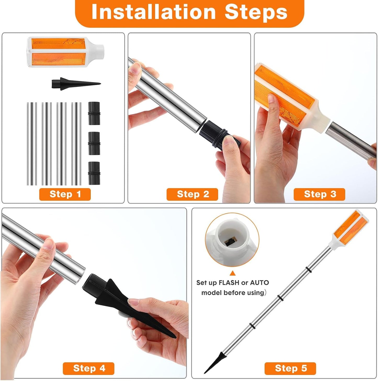 Baquler 10 Pcs Solar Powered Driveway Markers Reflective Driveway Lights Landscape Reflectors with Drill Bit Gloves for Snow Road Outdoor Yard Parking Sidewalk(Orange)