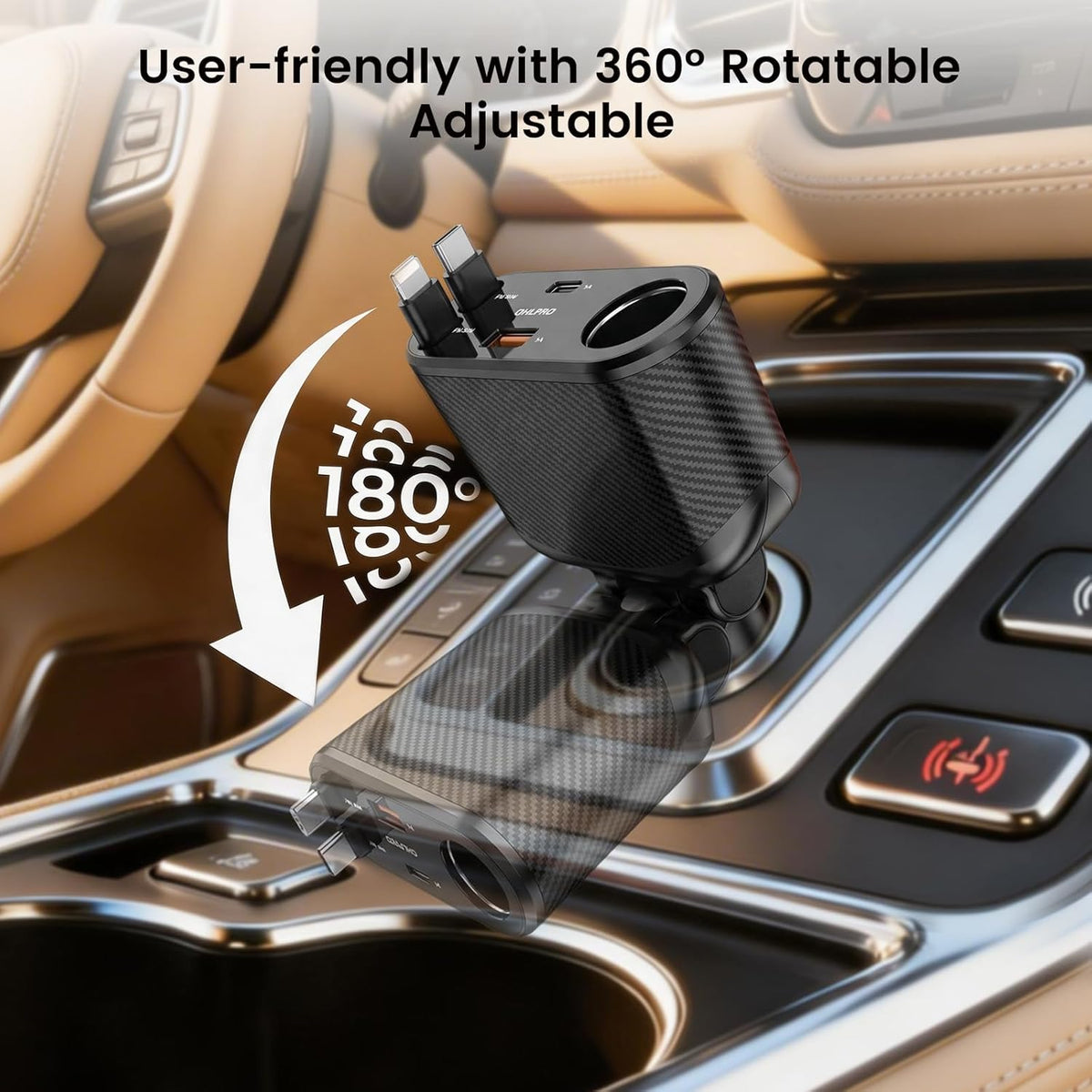 OHLPRO Retractable Car Charger Cigarette Lighter Adapter, 168W 5 in 1 Fast Phone Charging Built-in Replaceable Fuse, Socket Splitter with USB C and USB i Cord, Fit for Phone iPad Galaxy GPS, Black