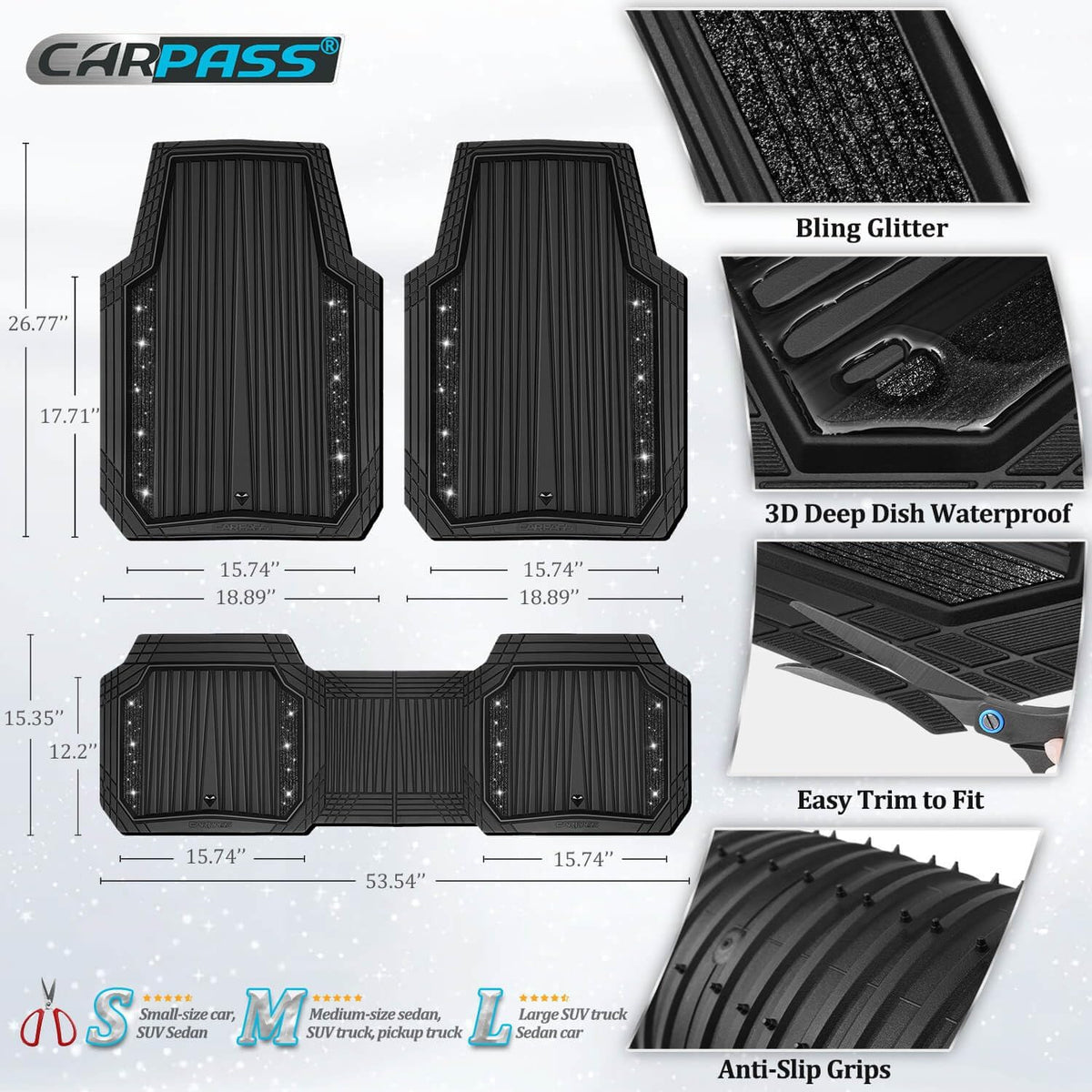 CAR PASS Bling Glitter Car Floor Mats Heavy Rubber Deep Water Proof, Black