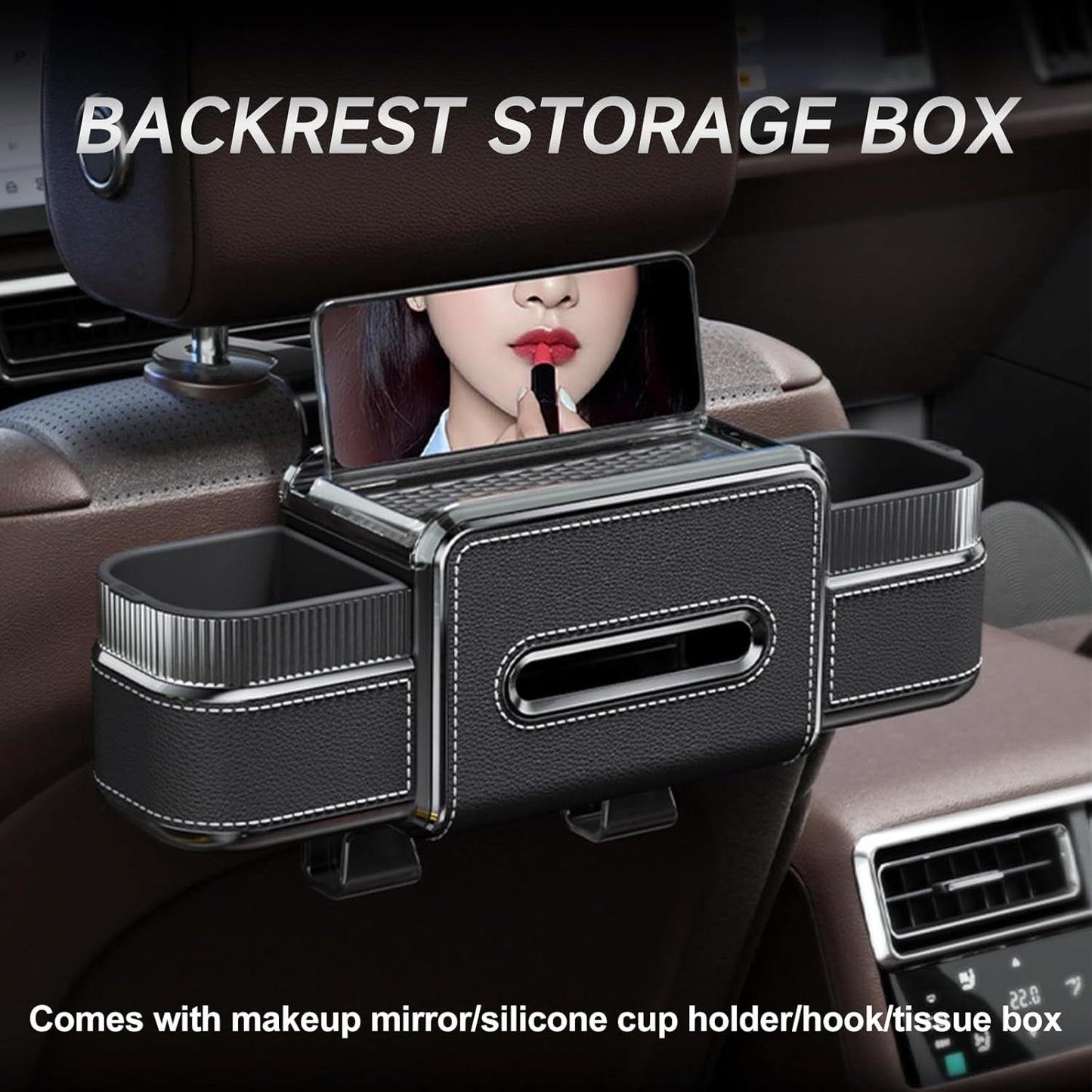 Multifunctional Car Seat Back Organizer Box with Drink Cup Holder, Makeup Mirror, Tissue Box& Hooks for Car Seat Back, New Upgrade Car Headrest Backseat Organizer Suitability for Wife, Girlfriend