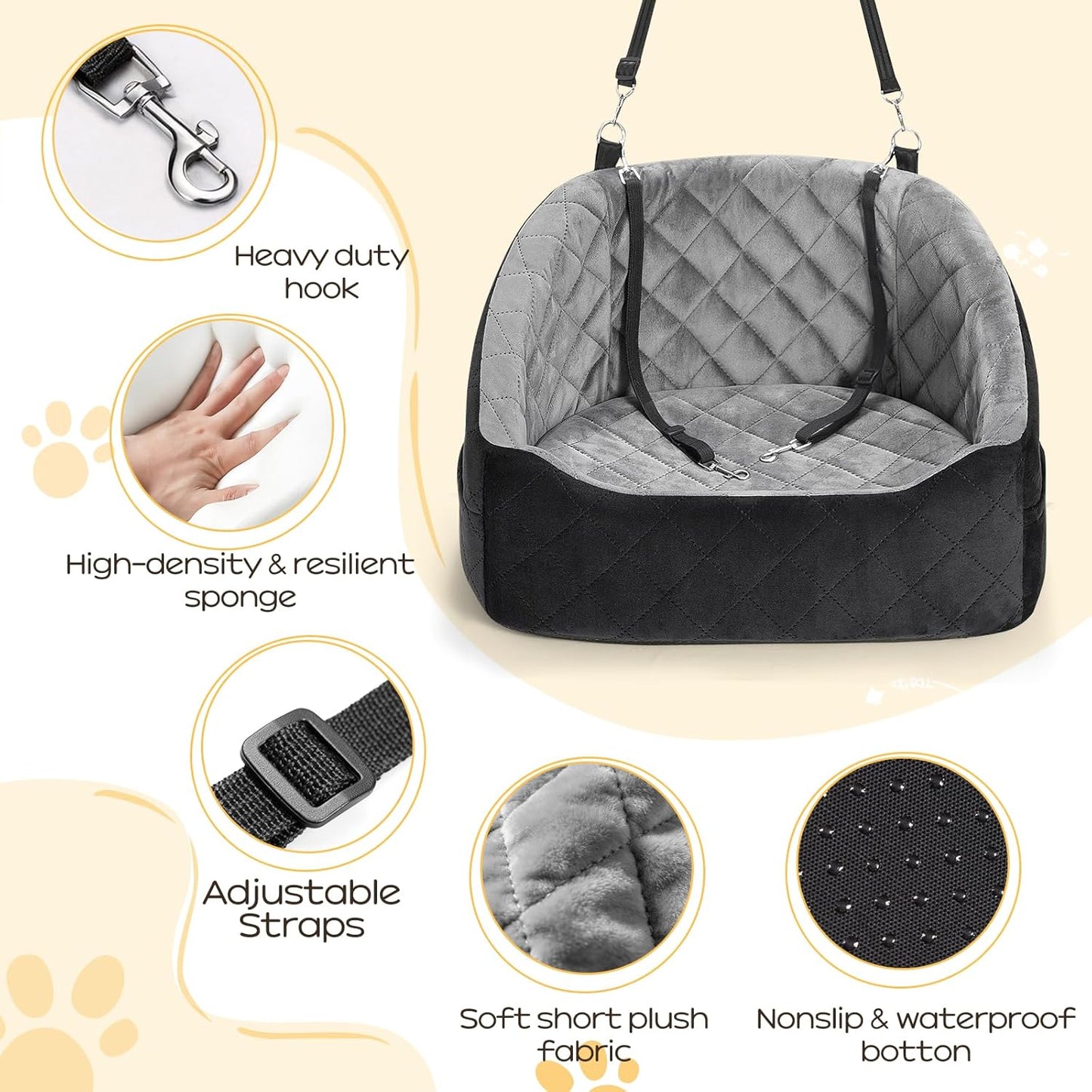 Dog Car Seat for Small Dogs Up to 30 Lbs, Pet Travel Safety Bed for Puppy Cat, Fits in Front/Back Seat, Anti Slip Base, Fully Detachable Washable with 2 Safety Tether(Grey-Black)
