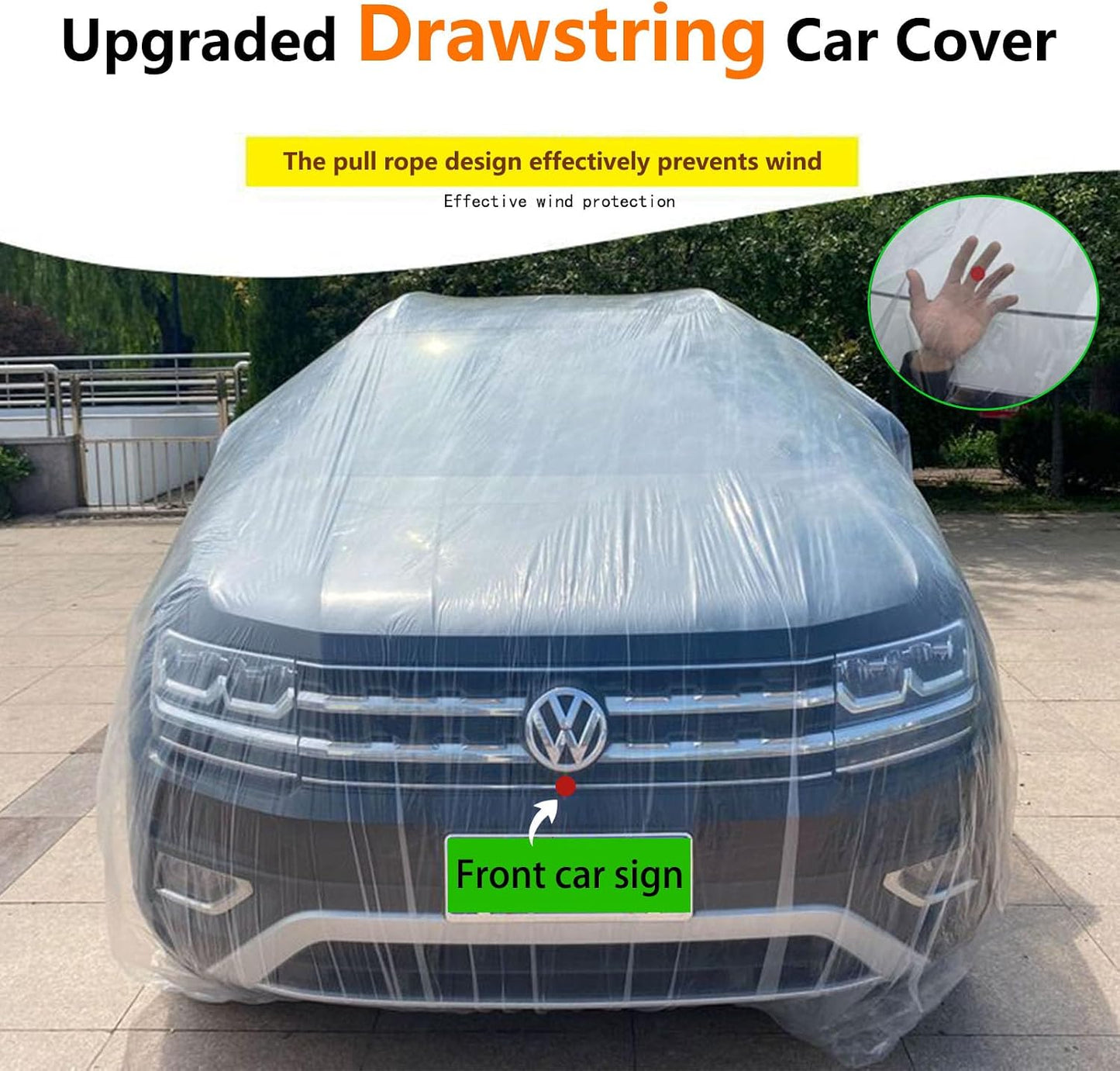Car Essential Universal Disposable Clear Plastic Car Cover Suitable SUV Sedan (Membrane Size：12.5ft x 21.4ft) with Elastic Band for Outdoor Snow Rain Weather，Individually Packaged, Super Convenient