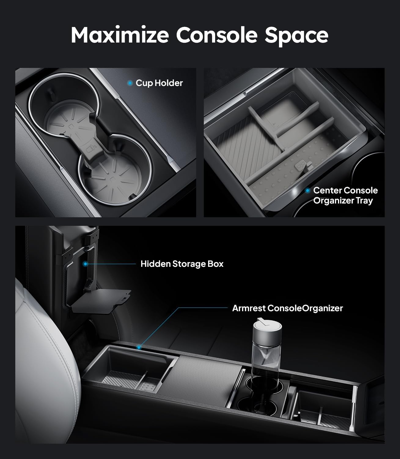 Wigoo Center Console Organizer for Tesla Model Y Juniper (Only Premium & Performance 2025 2026) and All Model 3 Highland Accessories [Double-Layer Storage, Smooth Sliding] 4PCS Gray