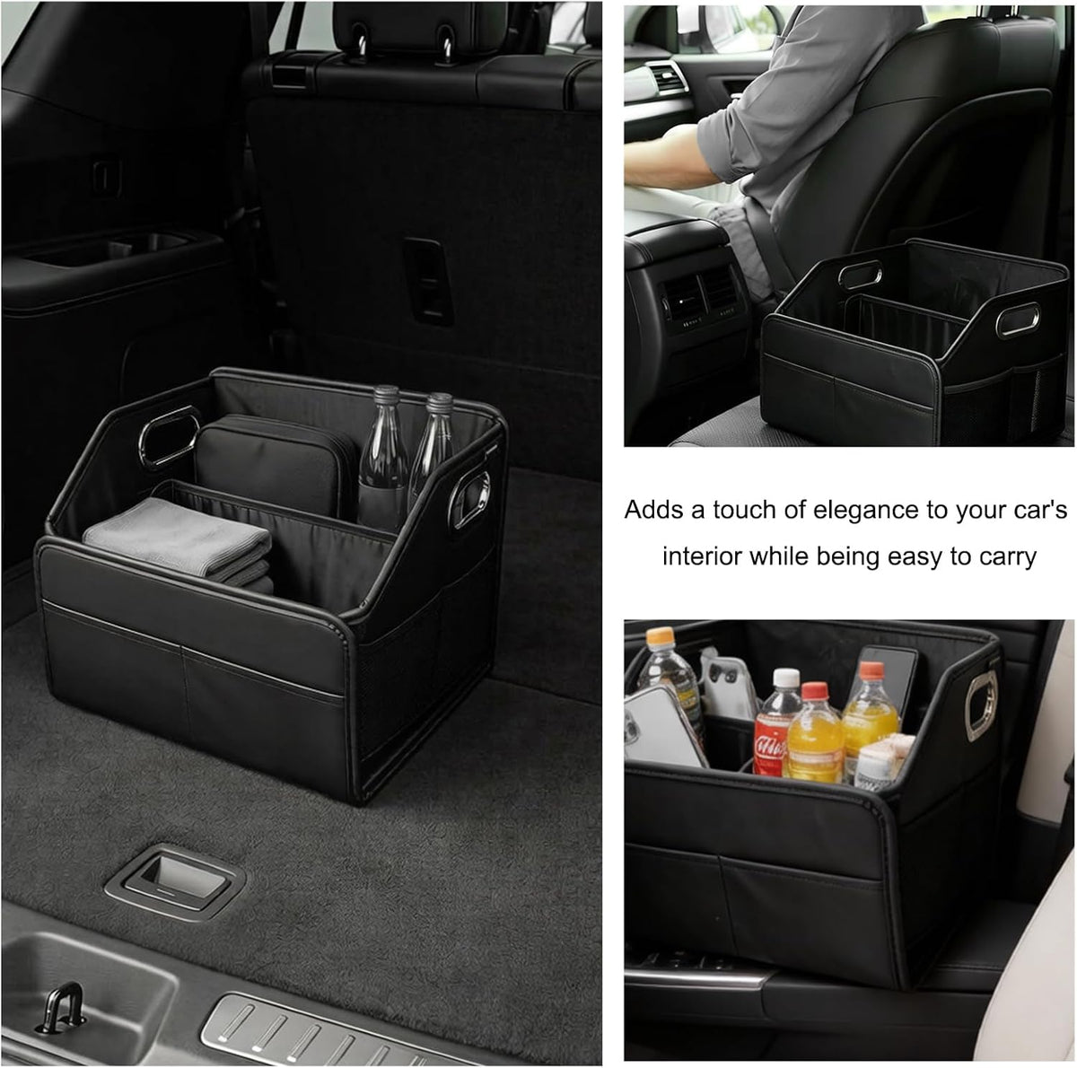 Car Storage Organizer, Large Capacity Foldable Car Caddy Basket with Metal Handle & Movable Divider, Multi-Pocket Trunk Organizer Front Back Seat Storage Box for Most Cars