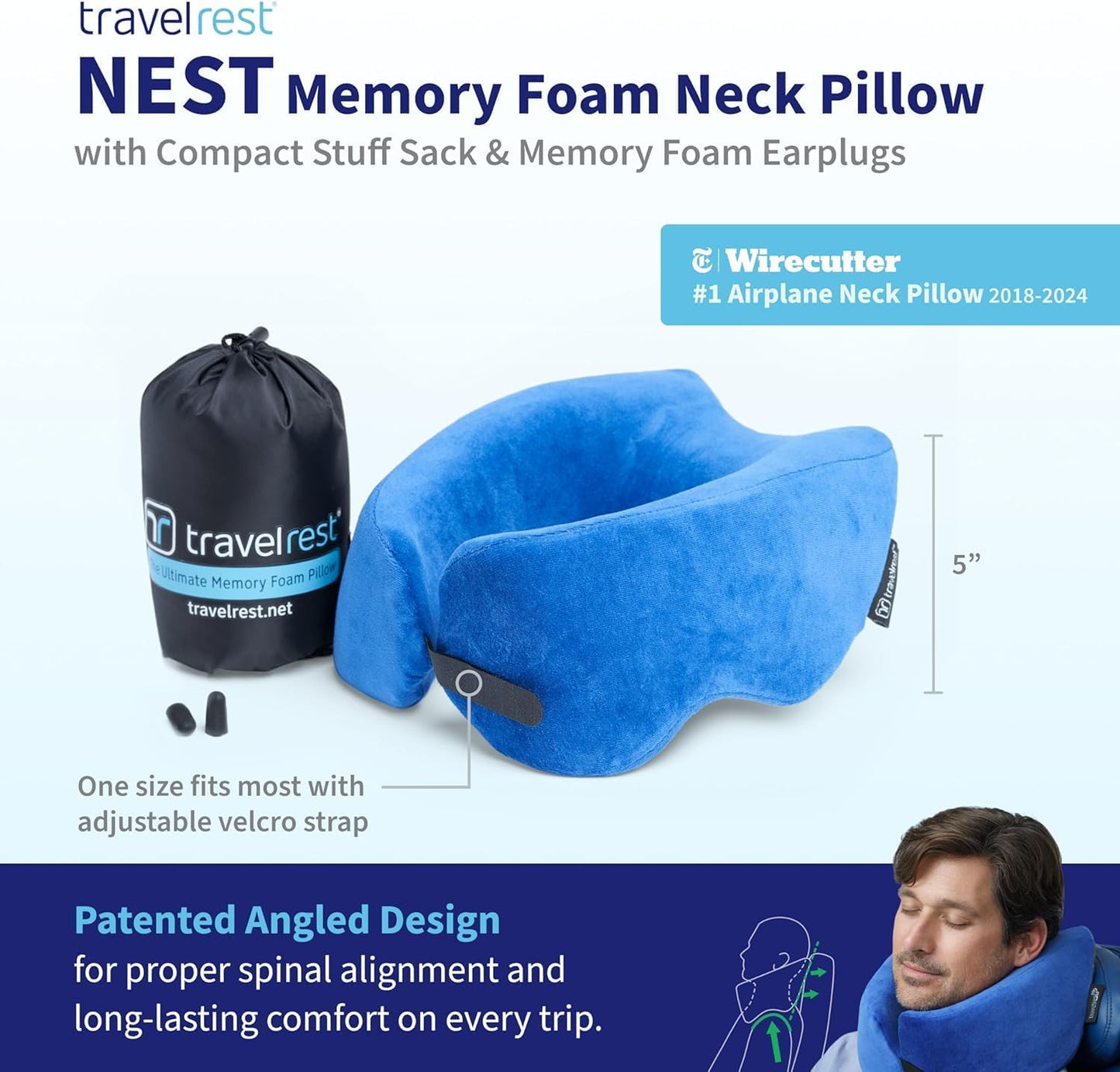 TRAVELREST Sleep Neck Pillow Travel - Travel Essentials, Memory Foam, Neck Support Pillow for Long Flight, Plane Sleeping Accessories, Anti-Slip and Comfortable, Washable, Attaches to Luggage - Blue