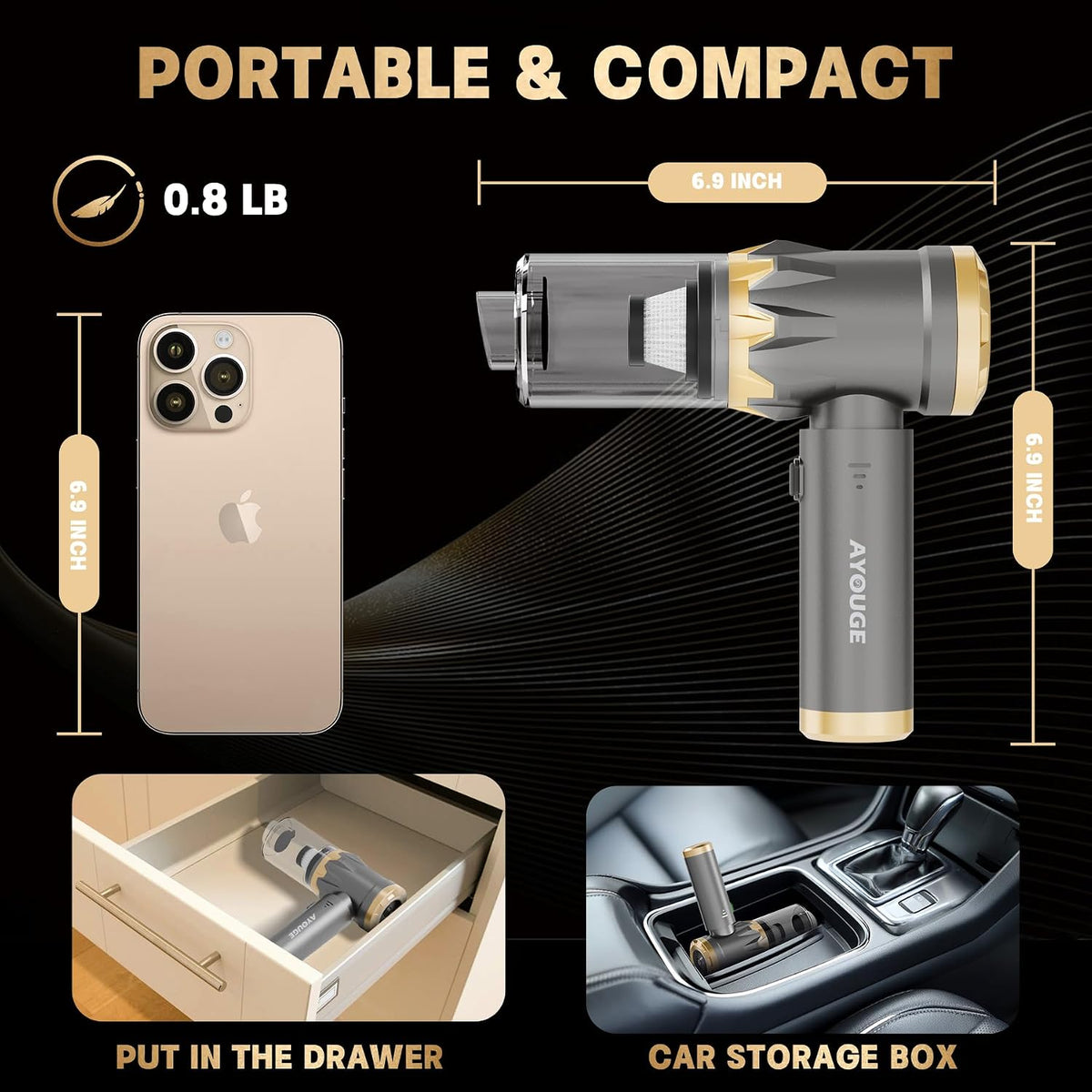 Car Portable Vacuum Cleaner, 20000PA Cordless Handheld Vacuum with Brushless Motor, 3-Speed Mode, 4-in-1 Air Duster & Air Blower for Car, Home, Office, Camping - Grey