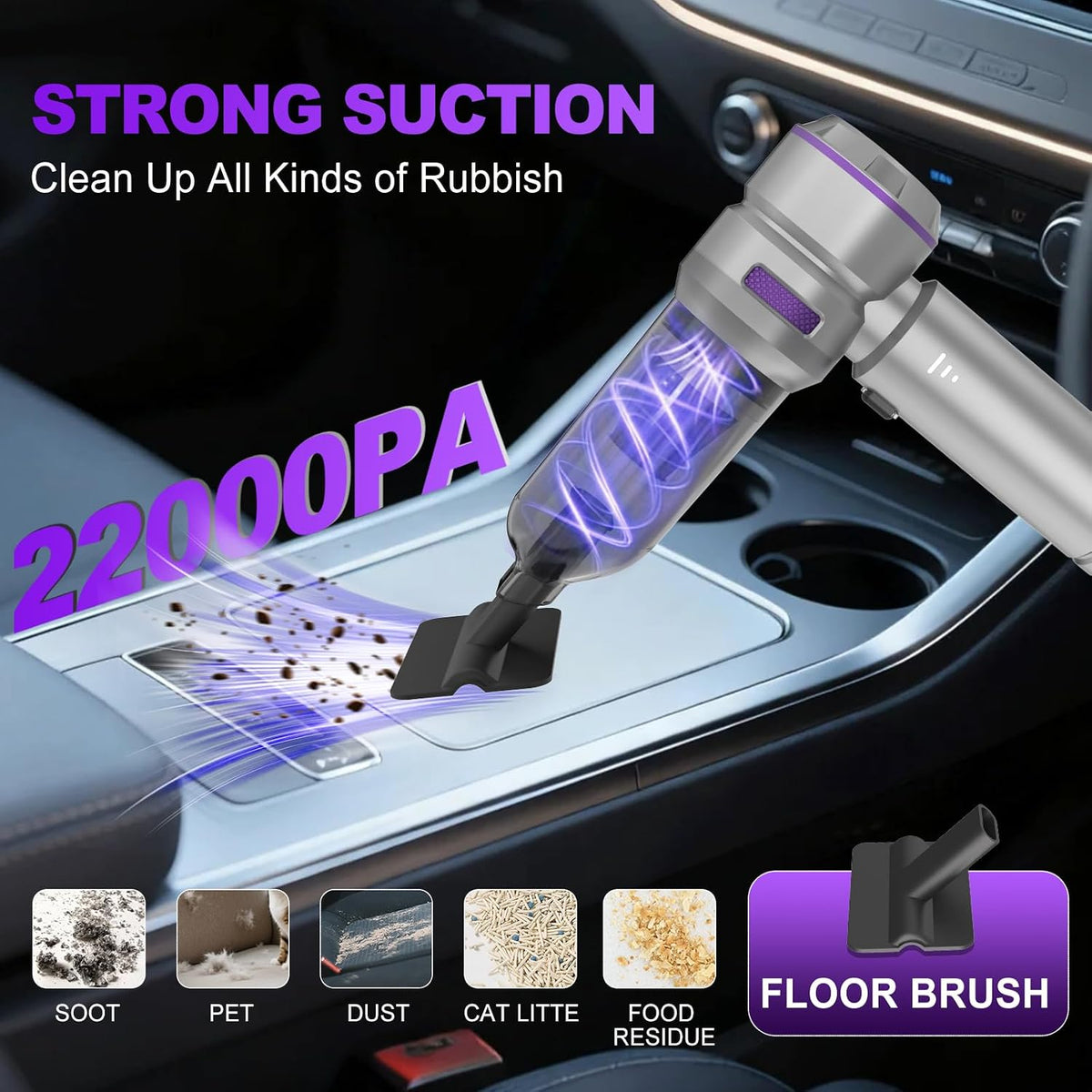 Handheld Car Vacuum Cordless, 22000PA Strong Suction Mini Vacuum Cleaner with Brushless Motor, 4-in-1 Portable Vacuum for Car Detailing, Home, Office & Travel, Silver Purple