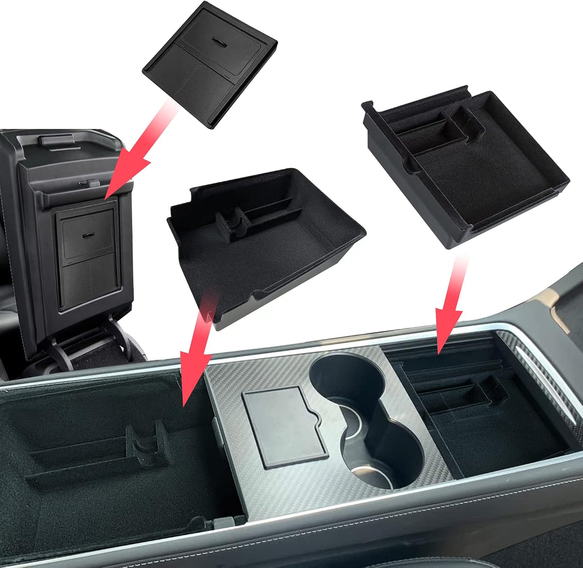 Center Console Organizer Tesla Model Y/3 Flocked Armrest Accessories for Storage Compatible with 2021 2022 2023 Model 3 Model Y(3 Pcs Set)