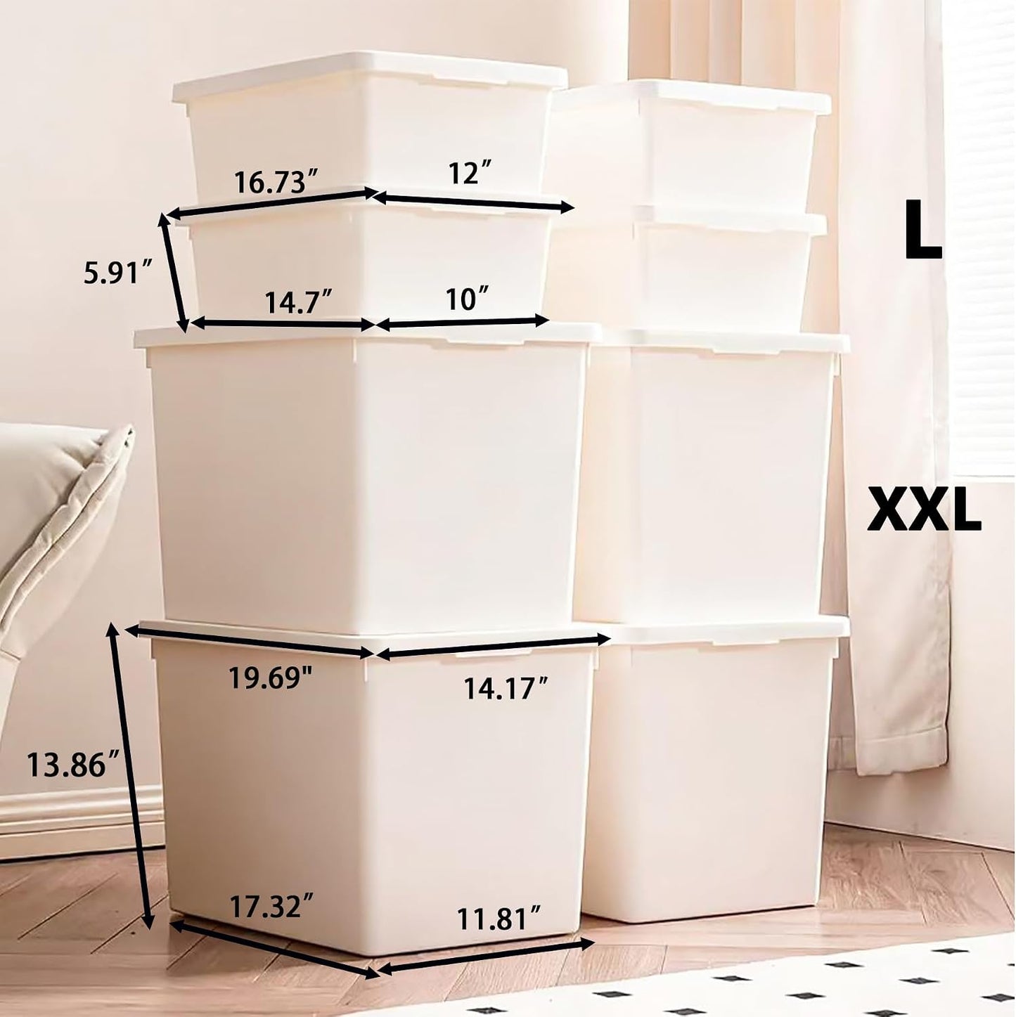 56QT+15QT high-end White multifunction storage bin with lid, Set of 8 Stackable Plastic Boxes with Handles, Office，Garage，Home, for Organizing Snacks, Crafts, Legos, Tools,books