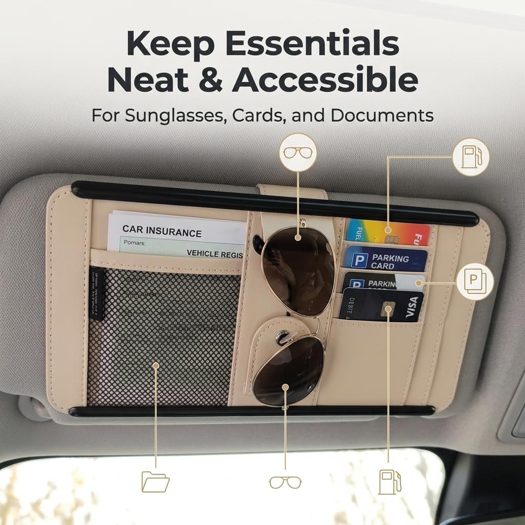 Car Sun Visor Organizer, Suede Visor Storage Pouch, Beige
