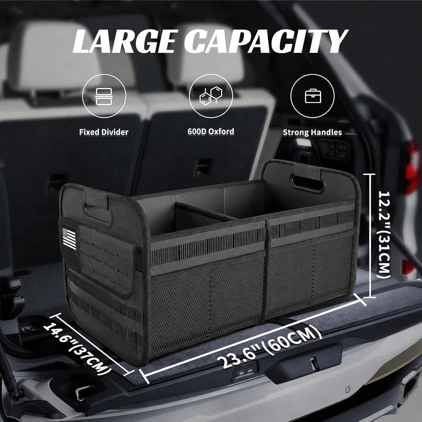 Sposuit Car Trunk Organizer for SUV - 70L Collapsible Tactical MOLLE Car Storage with Reinforced Handles & Multiple Pockets, Sturdy Trunk Organizers for Groceries, Tools & Outdoor Storage (Black)