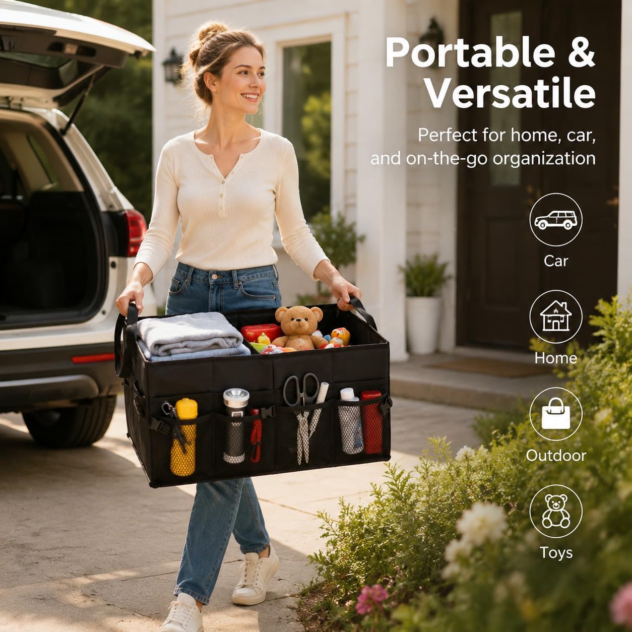 Collapsible Car Trunk Organizer with Leak-Proof Base, Adjustable Sections | Folds flat. Waterproof Oxford fabric, leak-proof base. Fits sedans, SUVs, trucks. Organizador maletero plegable