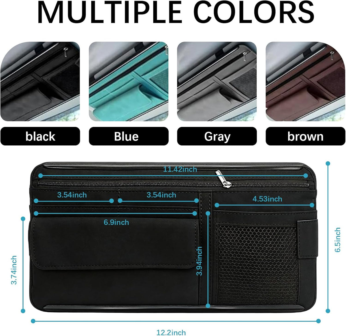 Car Sun Visor Organizer, Visor Accessories, Leather Sunvisor Pocket Organizer Case with Multi-Pocket Net Zipper, Waterproof Auto Sunshade Organizer Bag for Card Pen Sunglasses Document (Black)