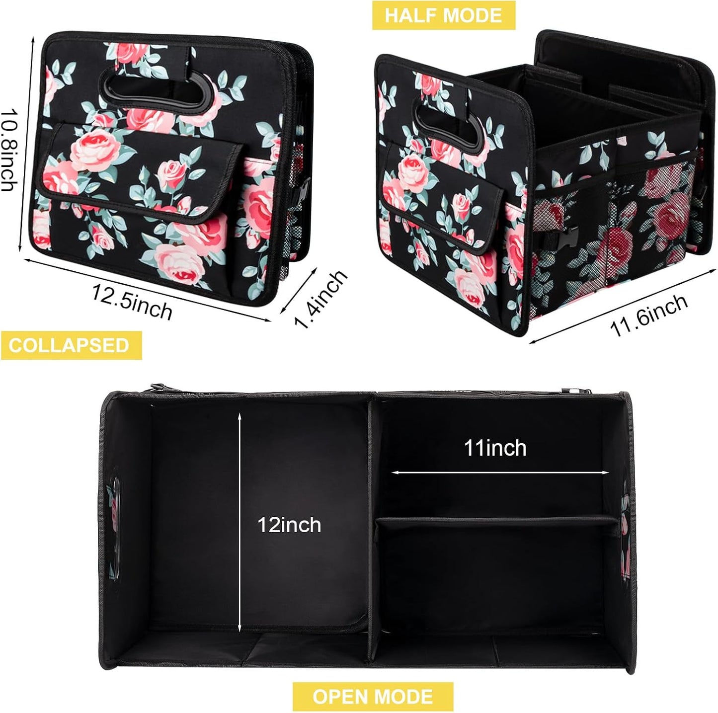 Car Trunk Organizer, Collapsible Car Organizers and Storage Black Floral | Sturdy, Large Capacity, Clean Decor, Multi Compartment Container Box, Adjustable Car Accessories for SUV Sedan Truck