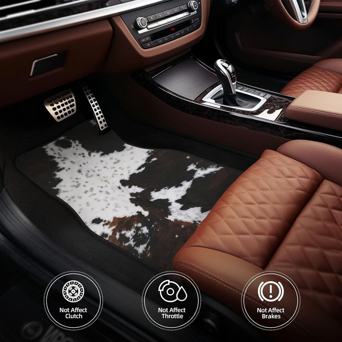 Artistic Fabric Car Floor Mats-Non-Slip Rubber Backing,Front (26.8x17.3in) & Rear (13x17.3in) Set-Water Absorbing, Durable Automotive Floor Liners with Stylish Patterns,Cowhide