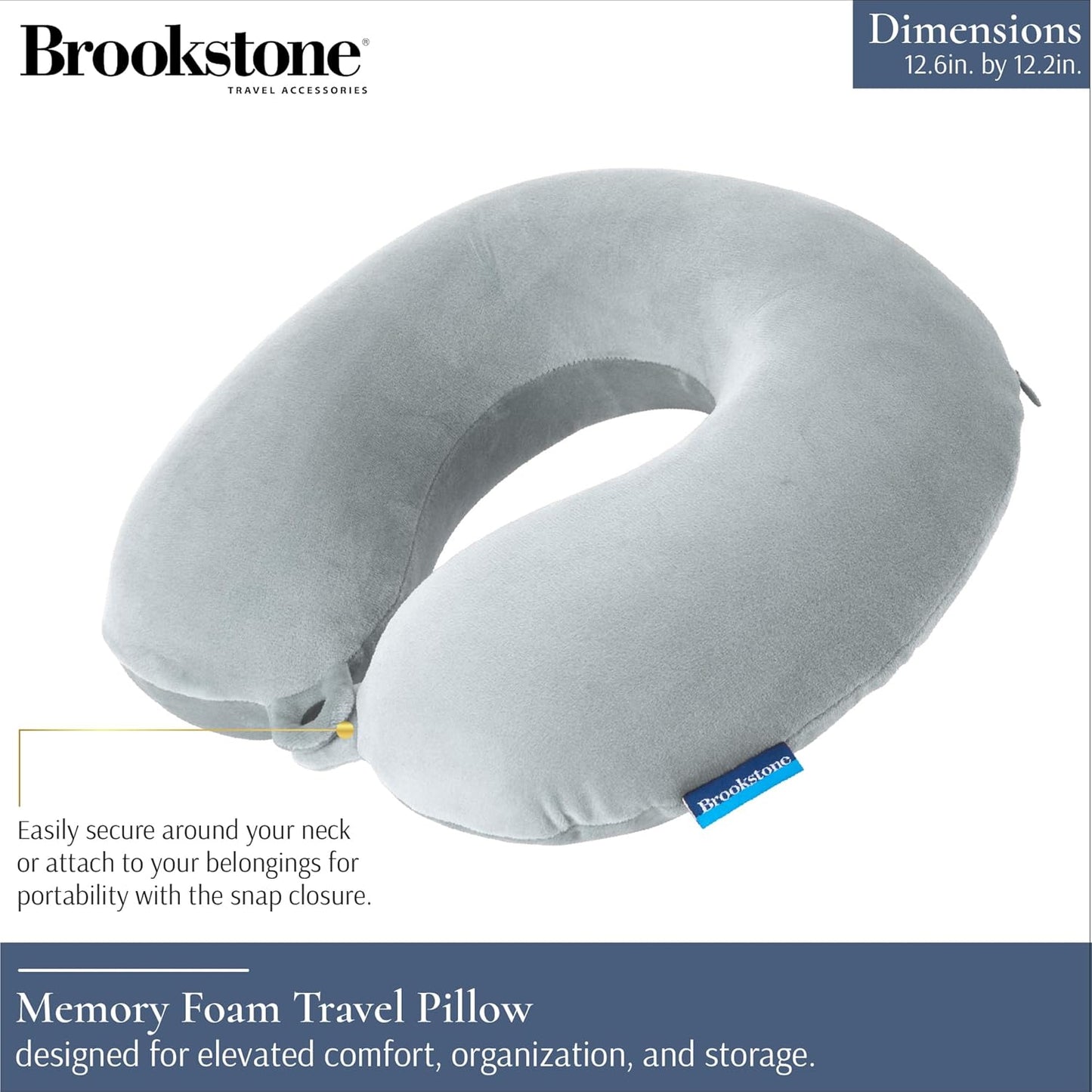 Brookstone Travel Neck Pillow - Lightweight U-Shaped Memory Foam Travel Pillow for Airplane, Car Travels & Sleeping, Grey