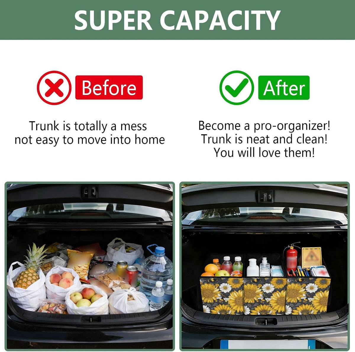 Trunk Organizer Collapsible Car Organizer with Handle Car Storage Box Bin for Groceries SUV Utility Tote Bag Portable Vehicle Container Black Retro Bee and Yellow Sunflower