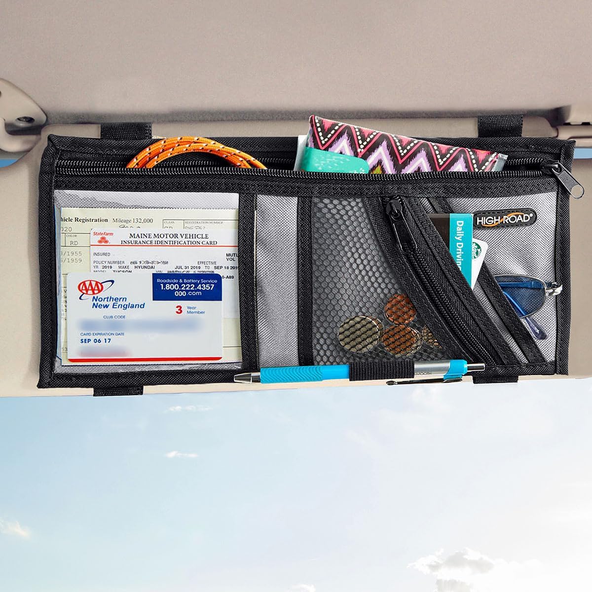 High Road Car Visor Organizer and Sun Visor Document Holder with Pockets