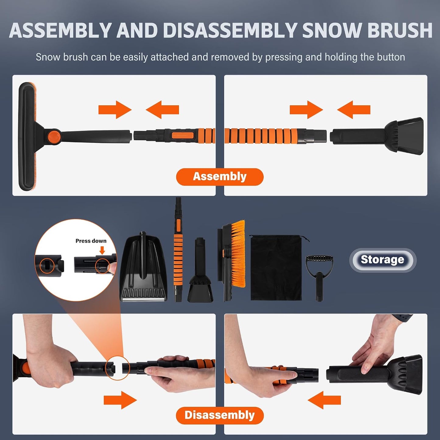 5-in-1 Extendable Snow Shovel and Ice Scraper for Car, 31"-40" Snow Brush with Squeegee, Pivoting Brush Head & Foam Grip for Windshield, Truck, SUV