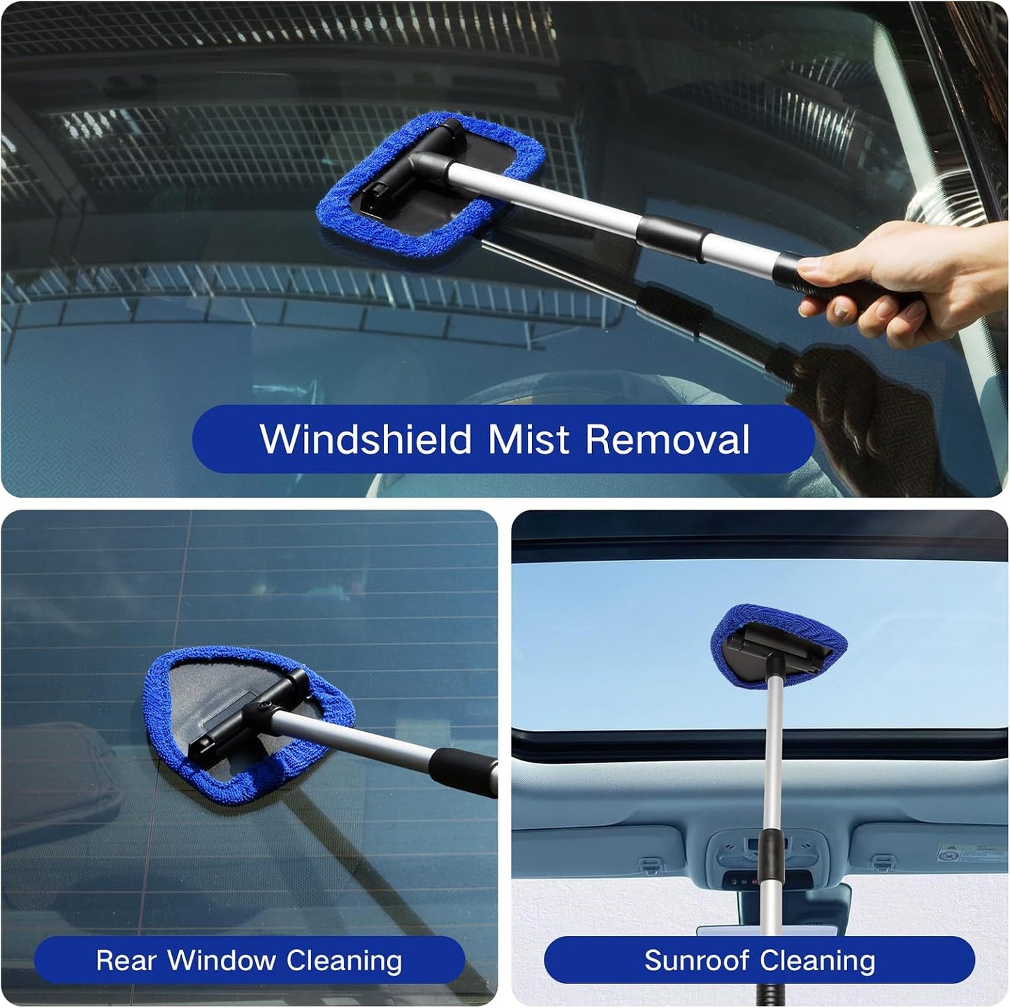Qydipclin 11pcs Windshield Cleaner Tool, Car Window Cleaning Wash Kit with 6 Reusable Microfiber Pads 2 Spray Bottles and Extendable Handles Auto Glass Wiper Kit, Blue