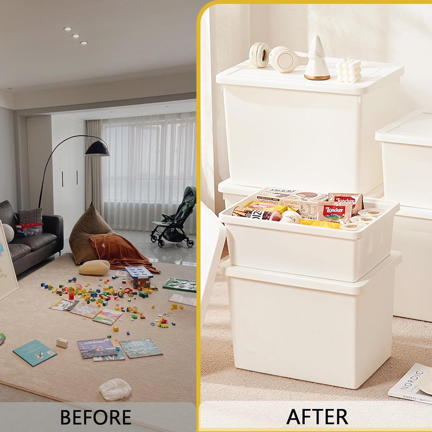 56QT+15QT high-end White multifunction storage bin with lid, Set of 8 Stackable Plastic Boxes with Handles, Office，Garage，Home, for Organizing Snacks, Crafts, Legos, Tools,books