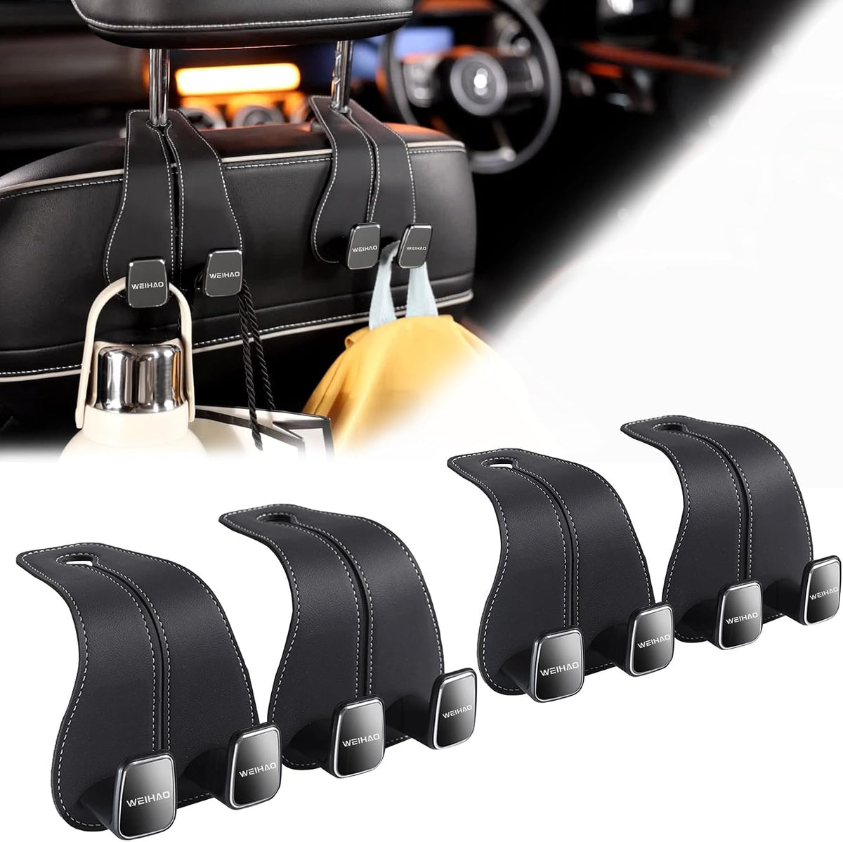 WEIHAO Wide Purse Hook for Car, Twin Hook Leather Car Headrest Hangers, Car Seat Back Storage Hook, Headrest Hooks Purse Bag Holder for Car Universal Fit Sedan Trucks SUVs Most Vehicles (Black-2PCS)
