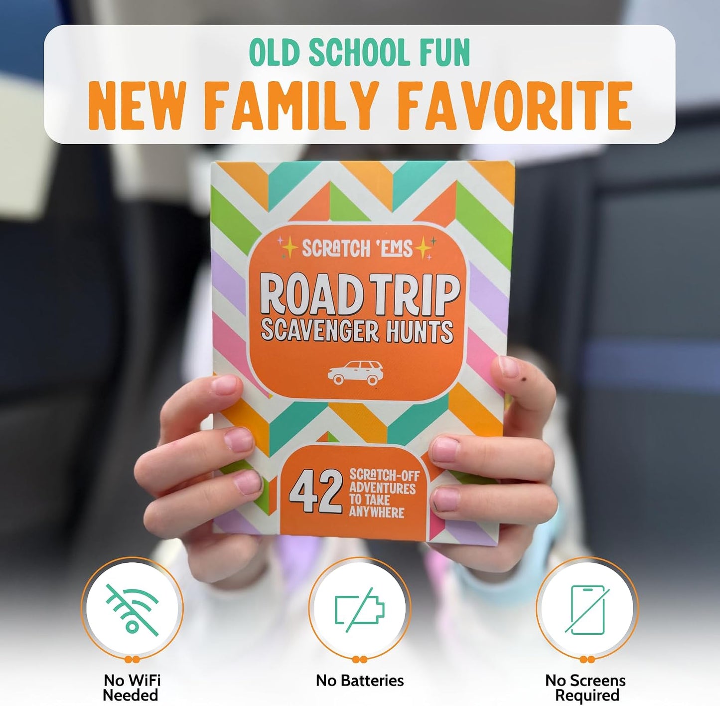 Scratch 'Ems Road Trip Scavenger Hunt Cards with 42 Reusable Scratch Off Travel Games for Kids & Families, Road Trip Essentials for Screen-Free Car Adventures