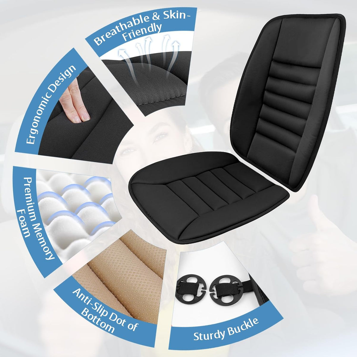 Car Seat Cushion, Memory Foam Cushion with Back Support, Black