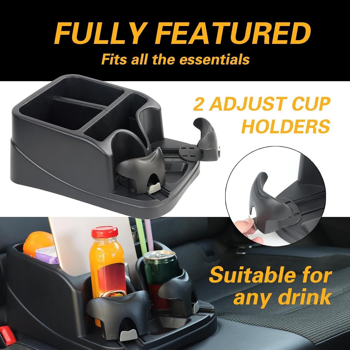 Universal Big Center Console for Cars, Trucks, Minivans, SUVs, Car Console Organizer with 2 Adjustable Cup Holders, Seatbelt for Secure Hold Car Seat Organizer, Truck Floor Console