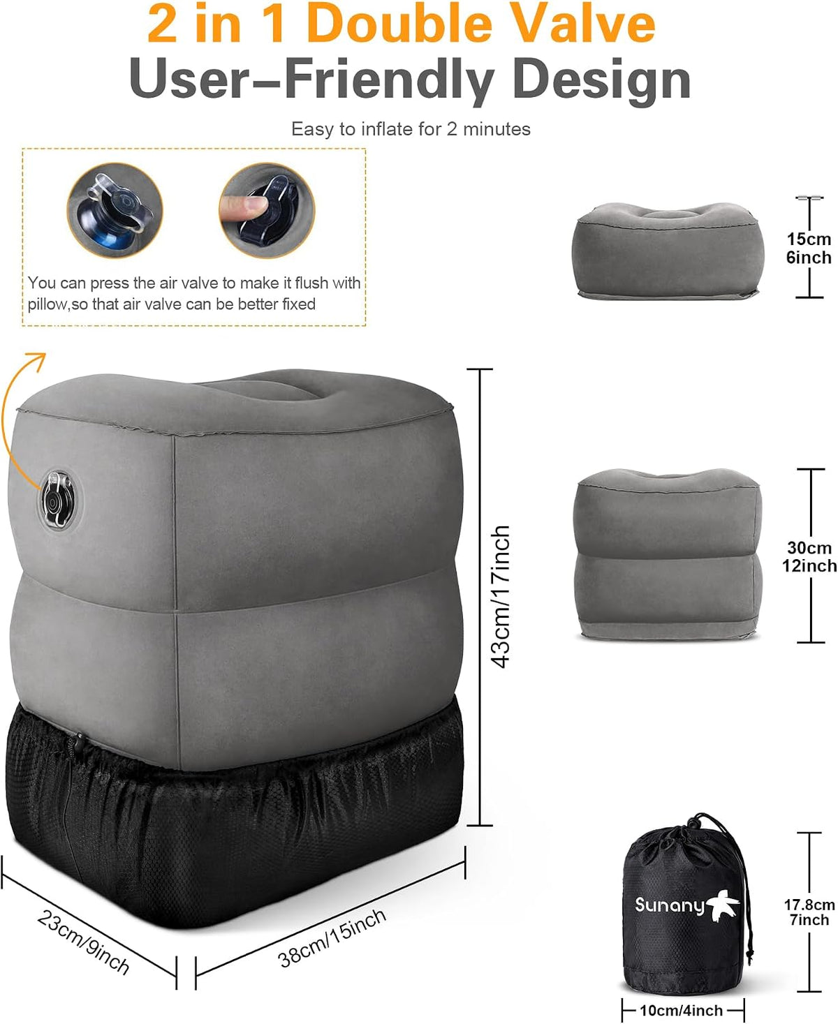 Sunany Inflatable Foot Rest Pillow for Airplane Travel, Adjustable Height for Kids/Adults to Sleep While Traveling, Suitable for Airplane, Office, Home, Trains, Cars and Any Travel（Dark Grey）
