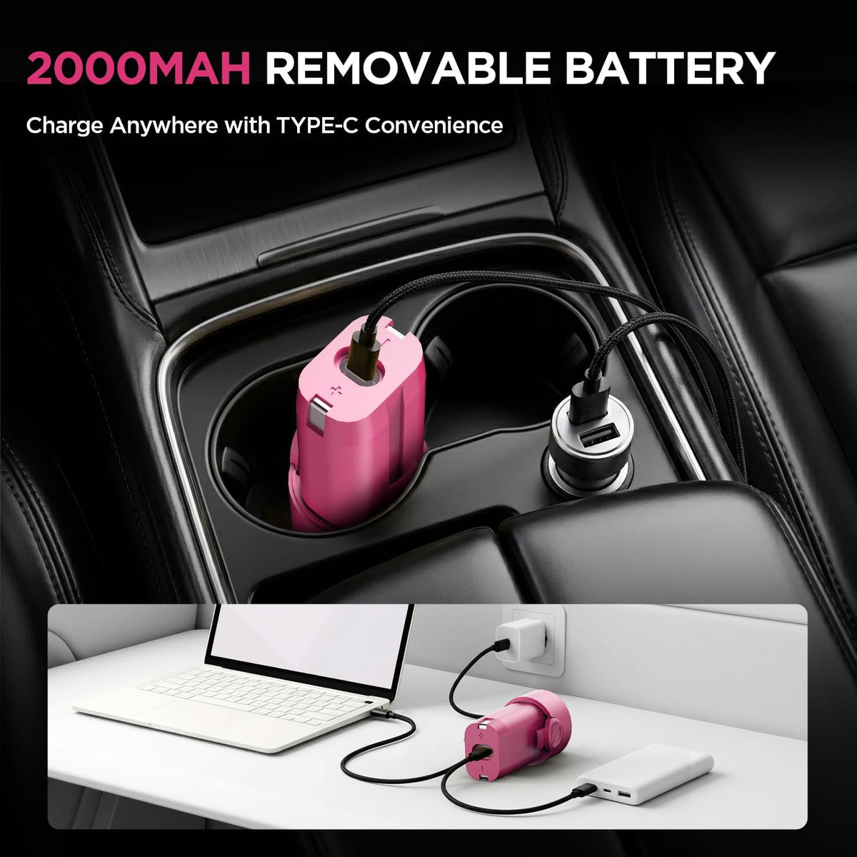 Handheld Car Vacuum Cleaner, 4-in-1 Cordless Rechargeable Mini Vacuum with Air Duster – Quickly Clean Crumbs, Pet Hair & Crevices in Car, Office, Home. Ideal for Commuters & Office Workers (Pink)