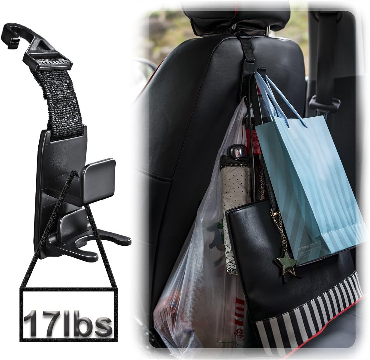 Magic Headrest Hooks for Car, Purse Hanger Headrest Hook Holder for Car Seat Organizer Behind Over the Seat Car Hooks-Hang Purse or Grocery Bags,Black,4Pack