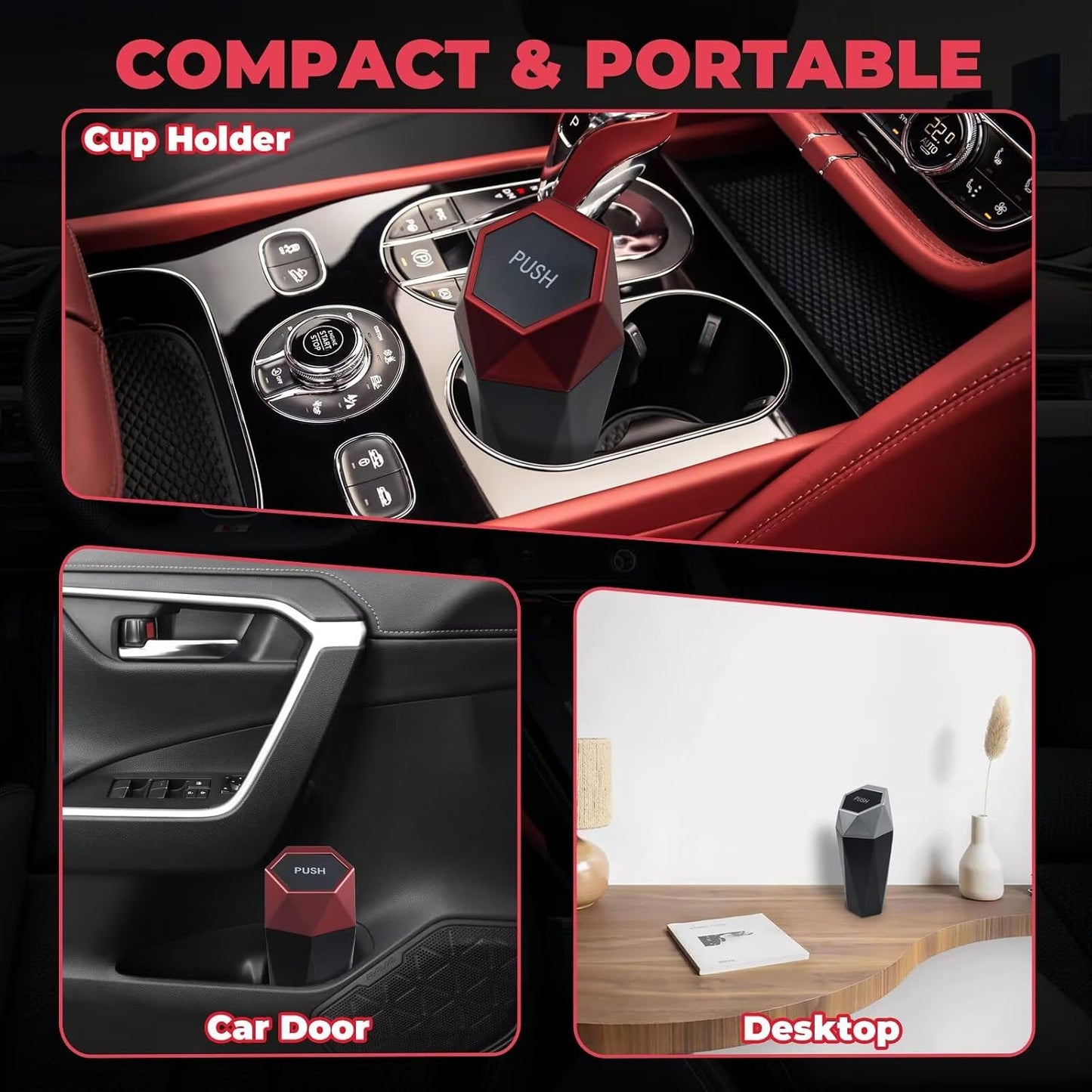 BFXM Car Trash Can, 2 Pack Car Trash Bin with Lid, Car Accessories for Women Interior, Car Garbage Can with Additional 2 ABS Hooks and 60pcs Trash Bags, Suitable for Home, Office, Car Organizer, Black
