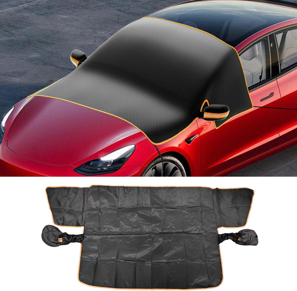 Magnetic Car Windshield Snow Cover, Windproof Car Sunshade with Elastic Strap & Hook, Automotive Windscreen Frost Cover, Winter Vehicle Side Window&Mirror Protector Accessories (Orange Eage)