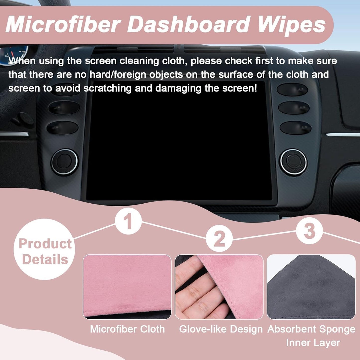 BFXM 2PCS Car Screen Cleaner, 4.1''×4.1'' Microfiber Dashboard Wipes, Square Microfiber Cloth, Automotive Display Wipes,Vehicle Screen Cleaner Tool for Dashboard Display, Car Interior Tool (Pink)