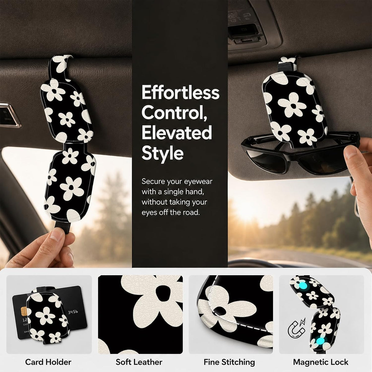 Sunglasses Holder for Car Visor, PU Leather Glasses Clip Organizer, Cute Magnetic Eyeglass Holder for Vehicle Sun Visor, Car Interior Accessory for Women & Men, Daisy Flower