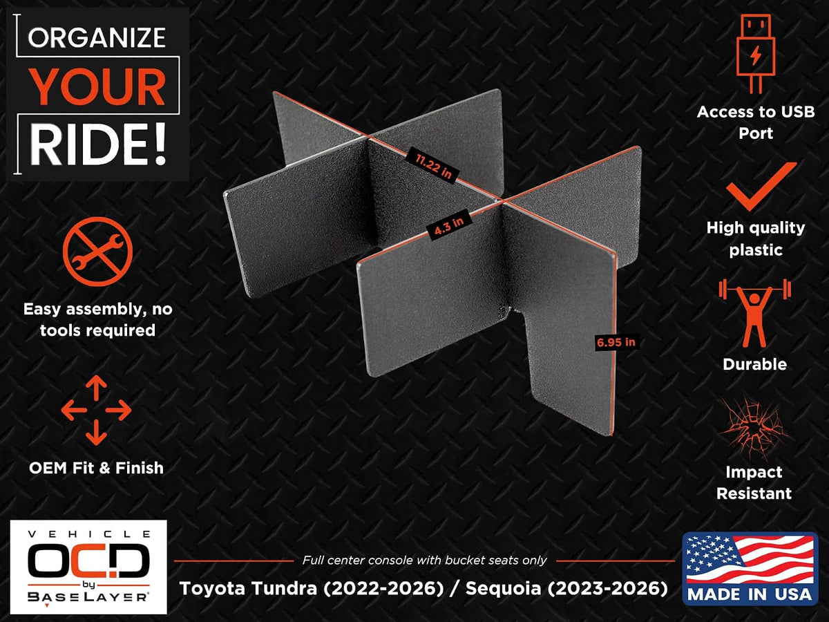 Vehicle OCD - Center Console Organizer for Toyota Tundra (2022-2026) / Toyota Sequoia (2023-2026) – Made in USA - NOT Compatible with Center Console Safe - SLX178