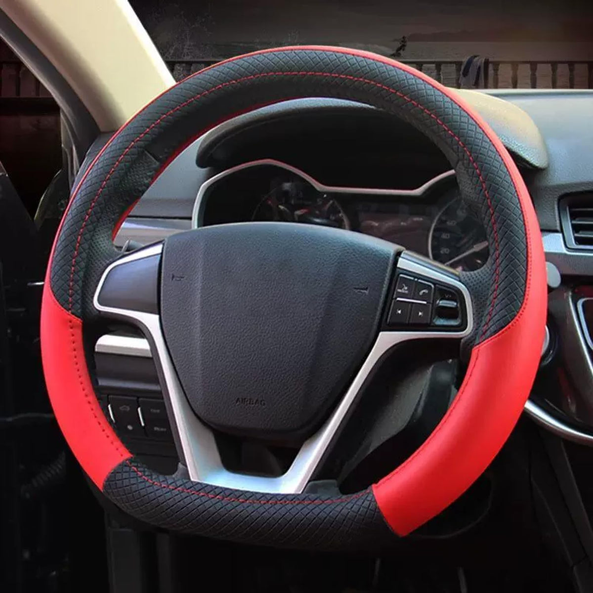D Shape Car Steering Wheel Cover, Universal 15 inch Stitching Color Anti-Slip Steering Wheel Protector, Red and Black Style (Red and Black D Shape)