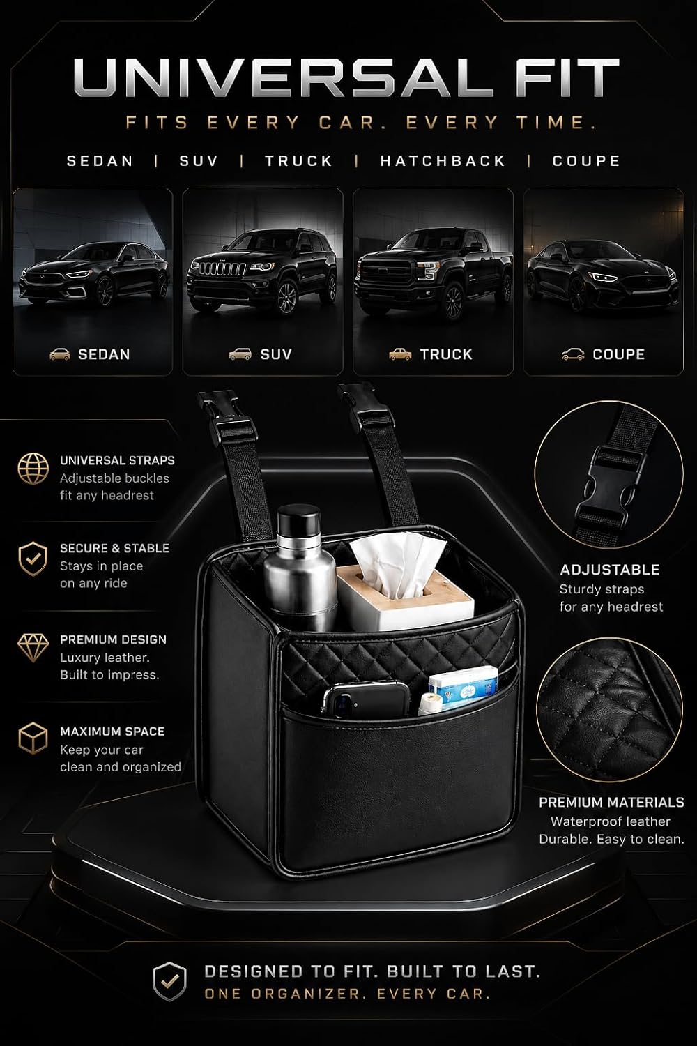 Premium PU Leather Car Backseat Organizer with Tissue Holder, Small Hanging Seatback Storage Bag & Compact Trash Bin, Waterproof Luxury Vehicle Headrest Pouch, Universal Fit for Sedan, SUV, Truck