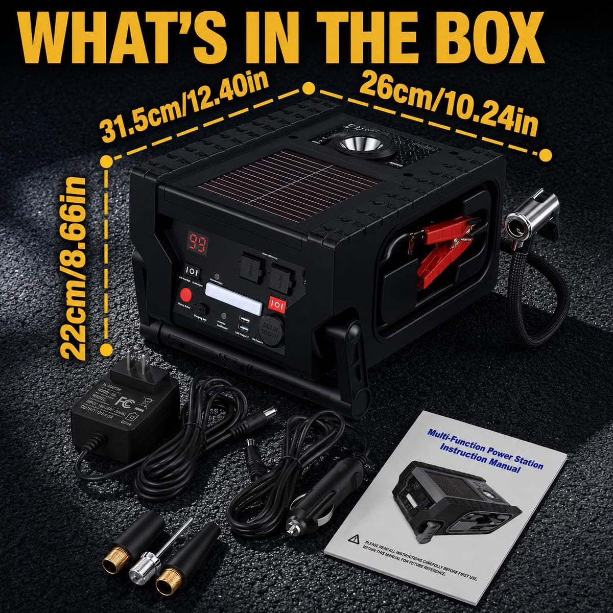 2000A Car Jump Starter with Air Compressor, Portable Power Station with 400W Inverter, 12V Battery Booster for Up to 8.5L Gas/Diesel Engines, Dual AC/DC/USB Outputs for Cars, Trucks, Camping (Black)