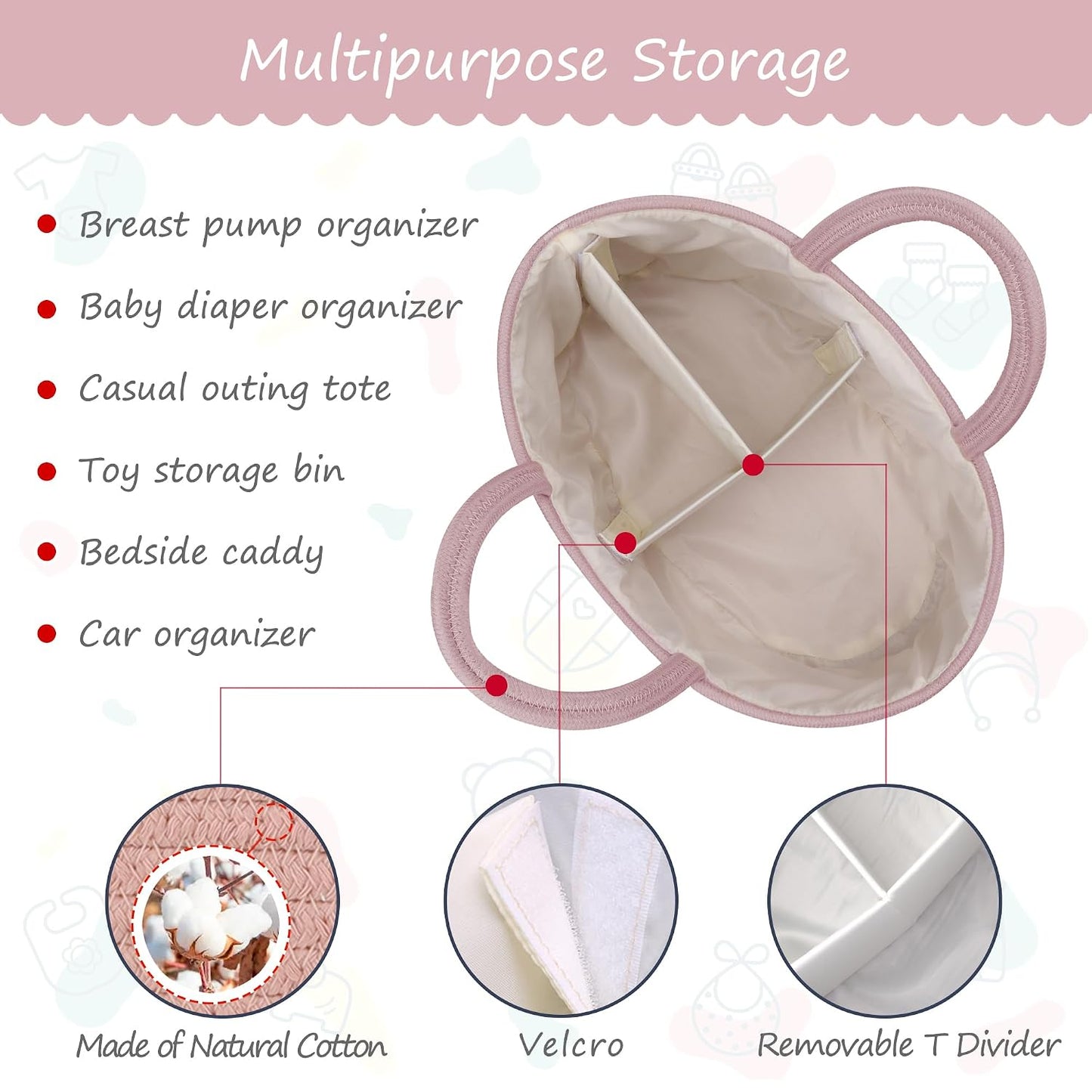 COMSE Baby Diaper Caddy Organizer, Car Caddy, Diaper Change Organizer, Gift Baskets Empty, Portable Tote Bag with Divider, Baby Shower Gifts Newborn Essentials Registry Must Have, Dusty Pink
